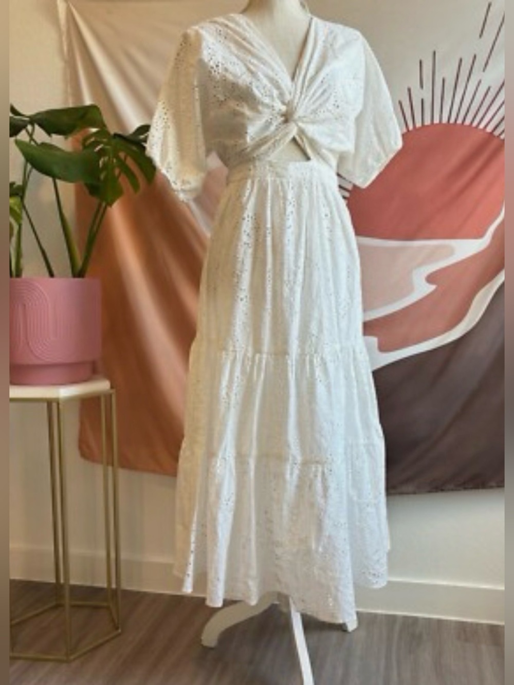 Zara White Embroidery Eyelet Twist-Front Midi Dress XS
